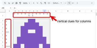 10x10 Nonogram puzzle grid in Google Sheets with automated clues and purple pixel art