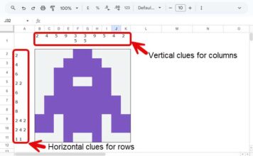 10x10 Nonogram puzzle grid in Google Sheets with automated clues and purple pixel art