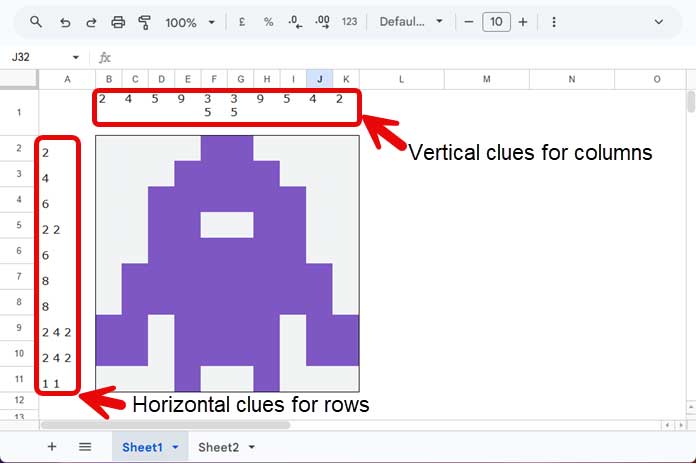 10x10 Nonogram puzzle grid in Google Sheets with automated clues and purple pixel art