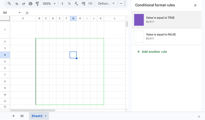 Conditional formatting settings used to create a nonogram puzzle grid in Google Sheets