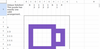 Google Sheets 10x10 nonogram puzzle with clues and uniqueness test result