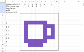 Google Sheets 10x10 nonogram puzzle with clues and uniqueness test result