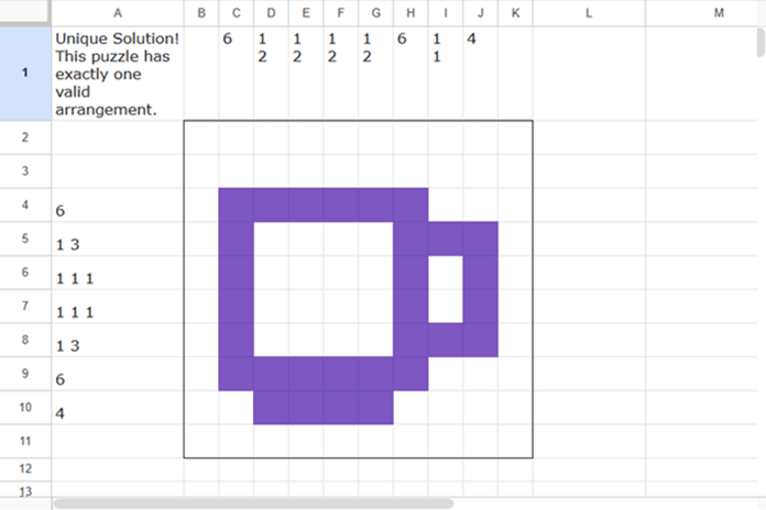 Google Sheets 10x10 nonogram puzzle with clues and uniqueness test result