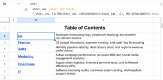 Self-healing table of contents in Google Sheets with clickable hyperlinks to each worksheet