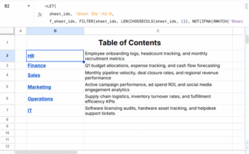 Self-healing table of contents in Google Sheets with clickable hyperlinks to each worksheet