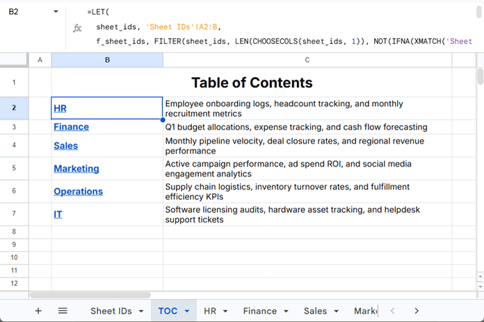 Self-healing table of contents in Google Sheets with clickable hyperlinks to each worksheet