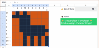 Sheetogram Nonogram game template in Google Sheets showing a completed 10×10 puzzle and puzzle selection drop-down menu