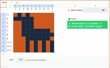 Sheetogram Nonogram game template in Google Sheets showing a completed 10×10 puzzle and puzzle selection drop-down menu