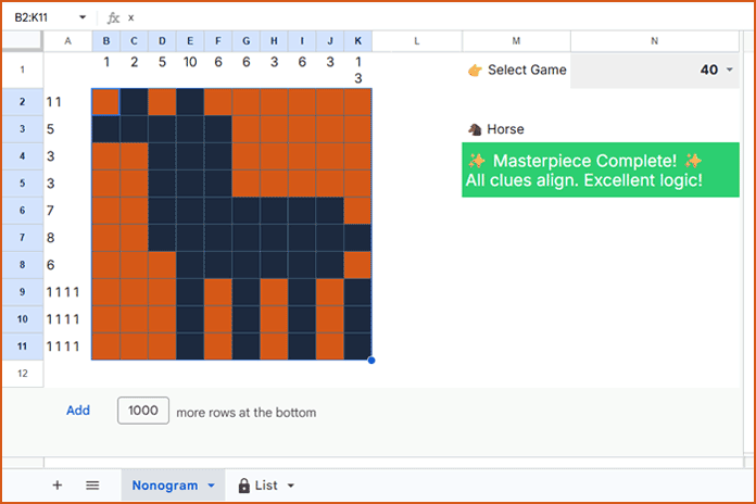 Sheetogram Nonogram game template in Google Sheets showing a completed 10×10 puzzle and puzzle selection drop-down menu