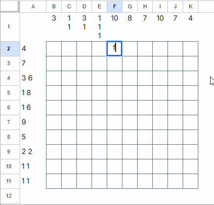GIF showing how to solve a Nonogram puzzle in Google Sheets using f and x markers
