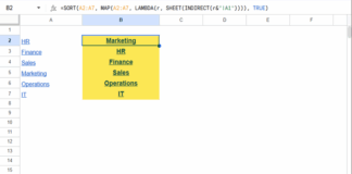 Formula in cell B2 dynamically sorting a tab name list by workbook order in Google Sheets