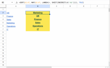 Formula in cell B2 dynamically sorting a tab name list by workbook order in Google Sheets