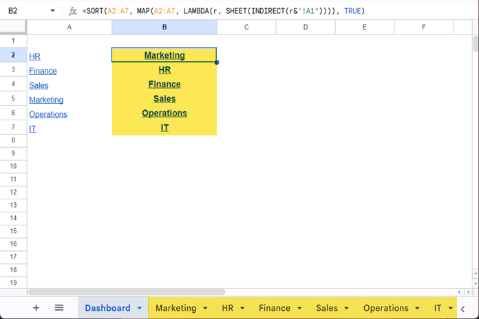 Formula in cell B2 dynamically sorting a tab name list by workbook order in Google Sheets