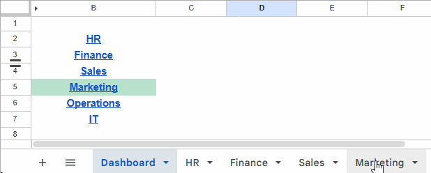 Animated GIF showing the Marketing sheet tab being moved before HR, with the tab name list automatically updating to match the new workbook order