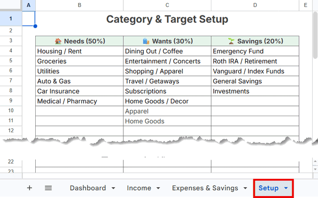 Setup sheet for customizing Needs, Wants, and Savings categories in the budget template