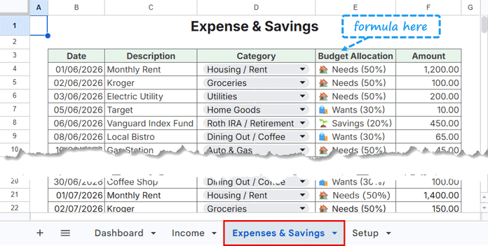 Expenses & Savings sheet for recording transactions in the Google Sheets 50/30/20 budget template