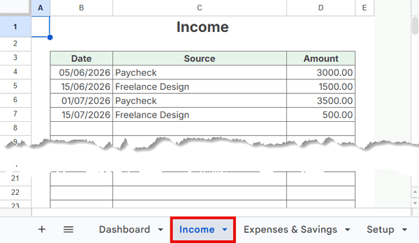 Income sheet for recording monthly net income in the Google Sheets 50/30/20 budget template