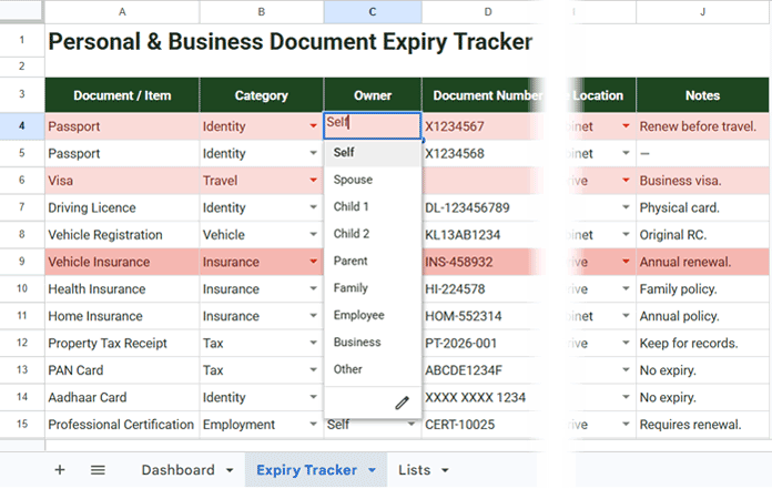 Google Sheets Document Expiry Tracker sheet showing document details and expiry dates