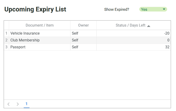 Upcoming document expiry table with owner and days remaining