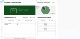 Google Sheets Document Expiry Tracker dashboard with KPI cards, charts, and upcoming expiry summary