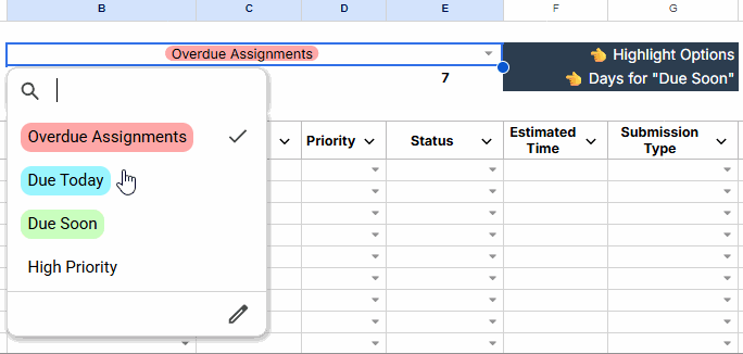 Animated demonstration of selecting multiple highlight options in the Student Assignment Tracker Template