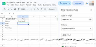 Google Sheets data validation using an absolute reference to allow data entry only when the master switch is set to Yes
