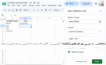 Google Sheets data validation using an absolute reference to allow data entry only when the master switch is set to Yes