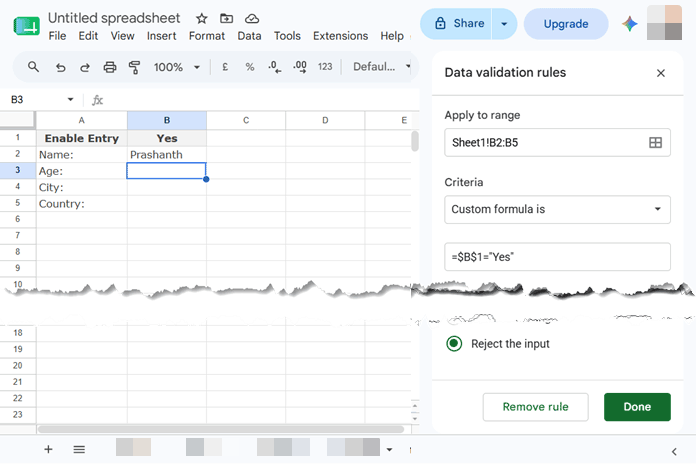 Google Sheets data validation using an absolute reference to allow data entry only when the master switch is set to Yes