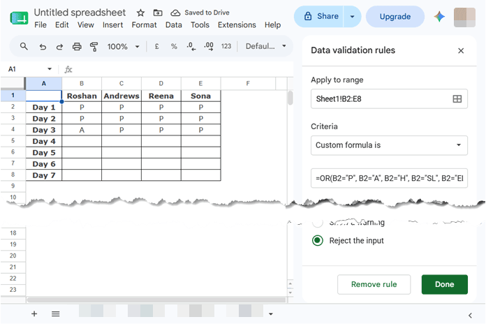 Google Sheets data validation using a relative reference to allow only valid attendance codes