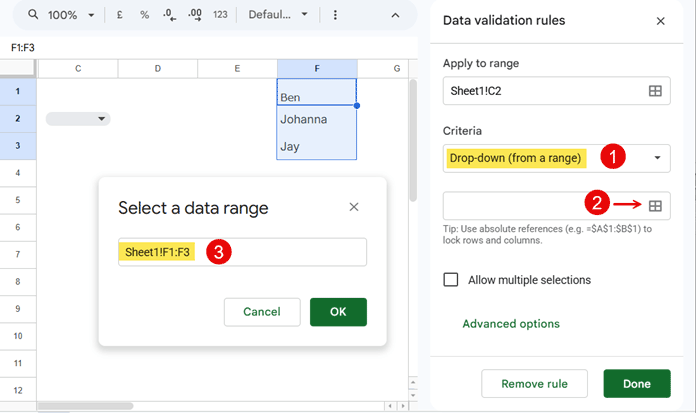 Creating a Google Sheets drop-down list from a cell range