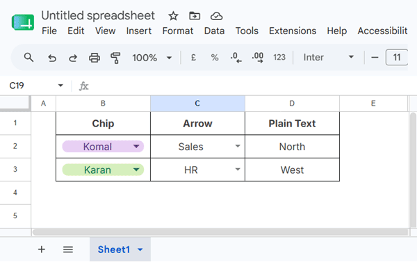 Chip, Arrow, and Plain text display styles for drop-down lists in Google Sheets