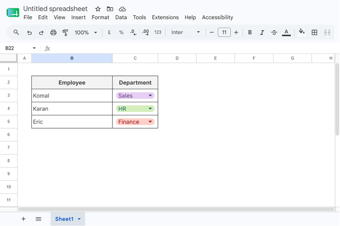 Drop-down list in Google Sheets showing selectable options