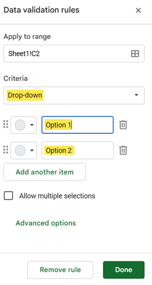 Data validation sidebar for creating a drop-down list in Google Sheets