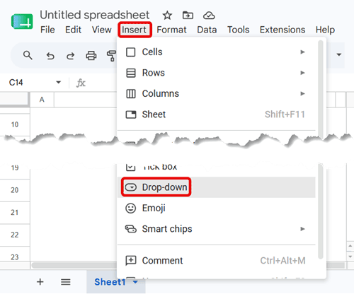 Insert Drop-down option in the Google Sheets Insert menu