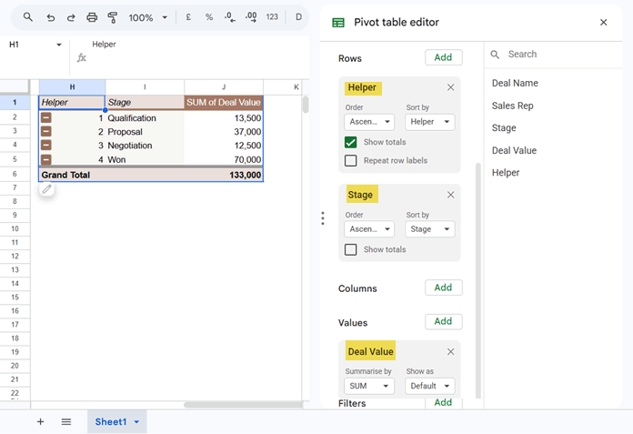 Pivot Table sorted in custom order with the Helper row field still visible