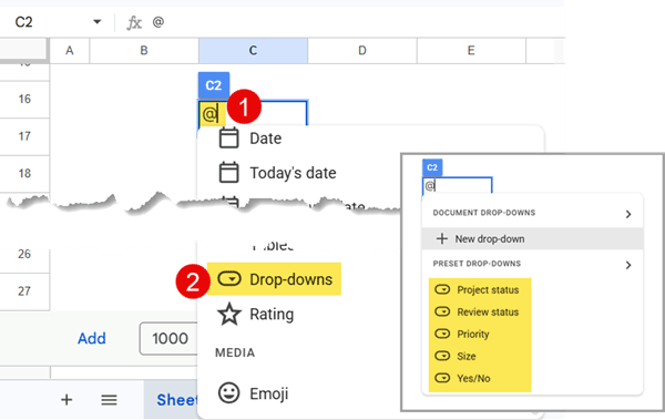 Inserting a preset drop-down using the Smart Canvas menu in Google Sheets